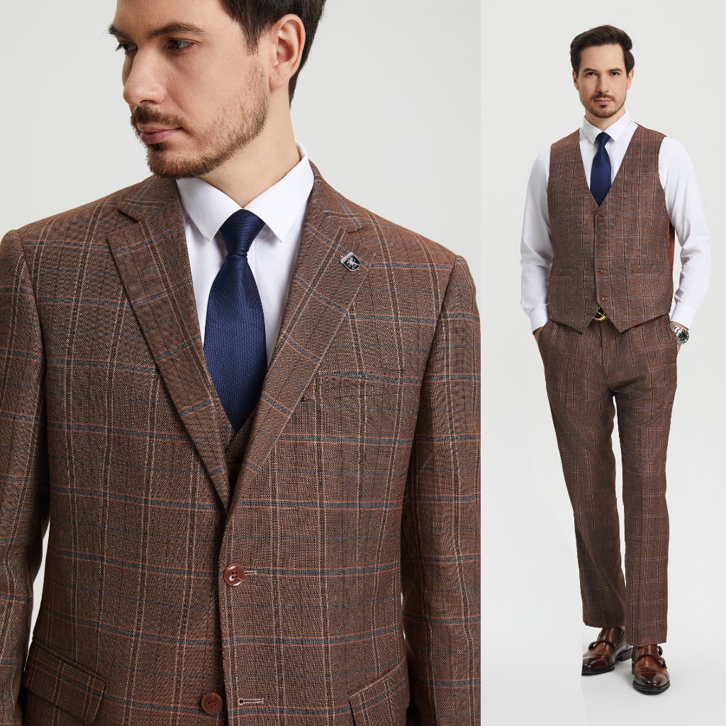 Stacy Adams Mens 3pc Suit Slim Fit Brown Textured Plaid Windowpane